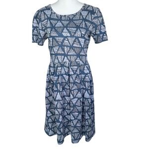 LULAROE Women's Large Blue Geometric Triangle Short Sleeve Amelia Dress Pockets